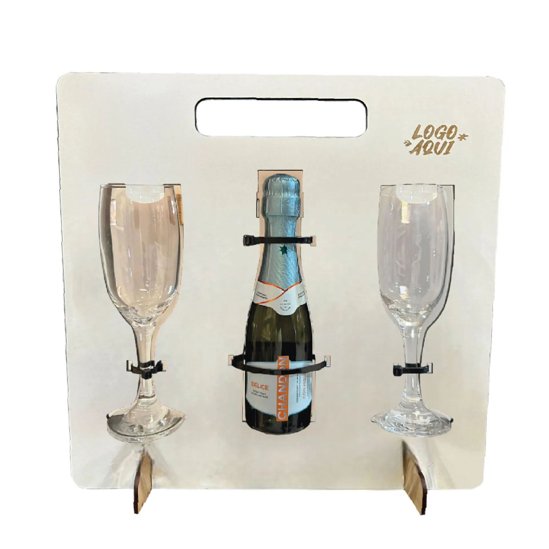 Soporte con 2 copas y espacio para botella de champagne