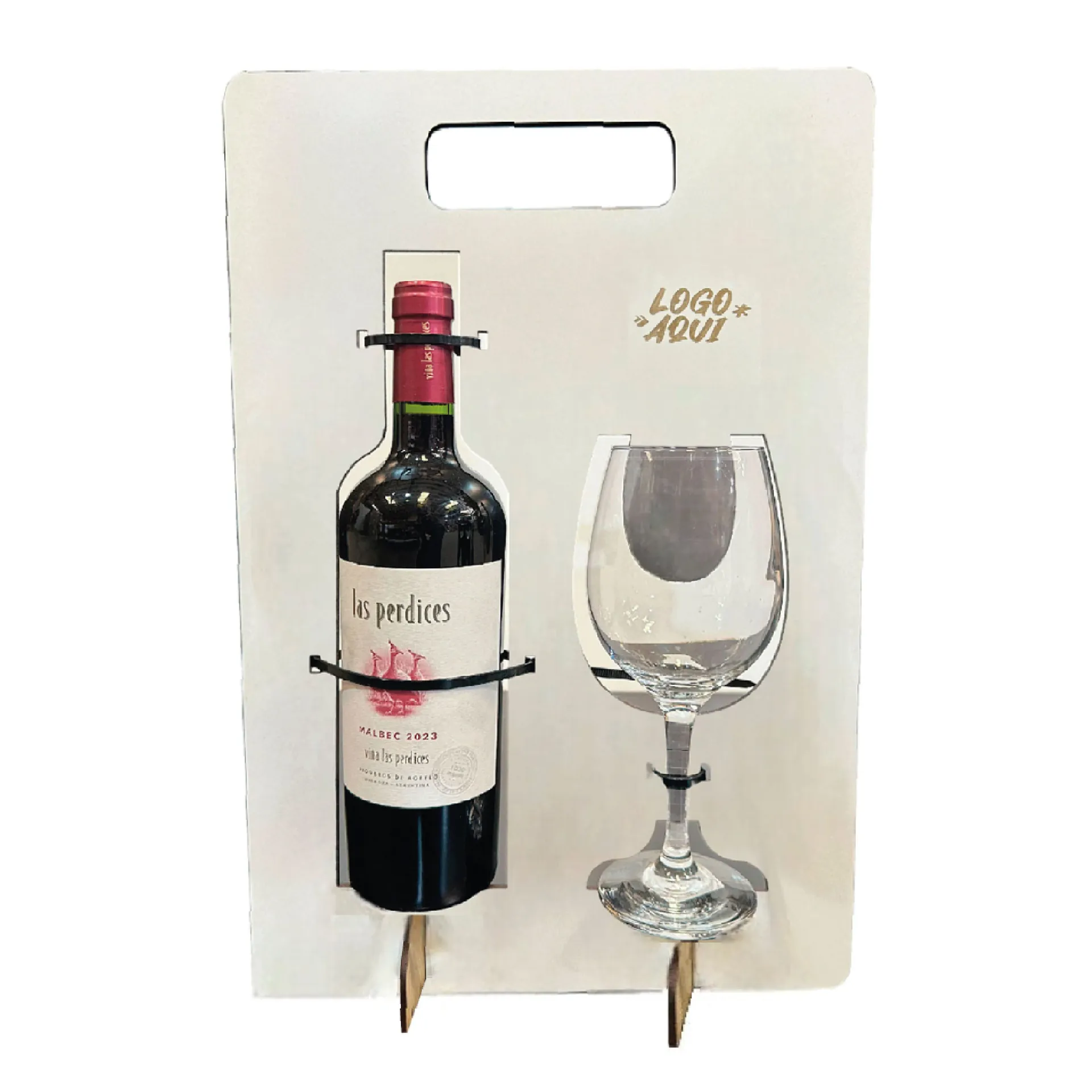 Soporte con copa y espacio para botella de vino