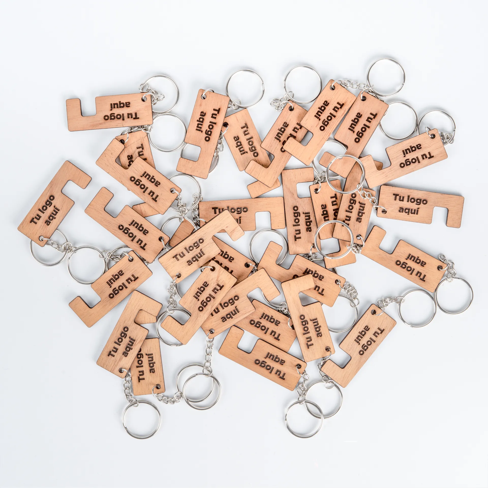 Llavero de madera apoya celular