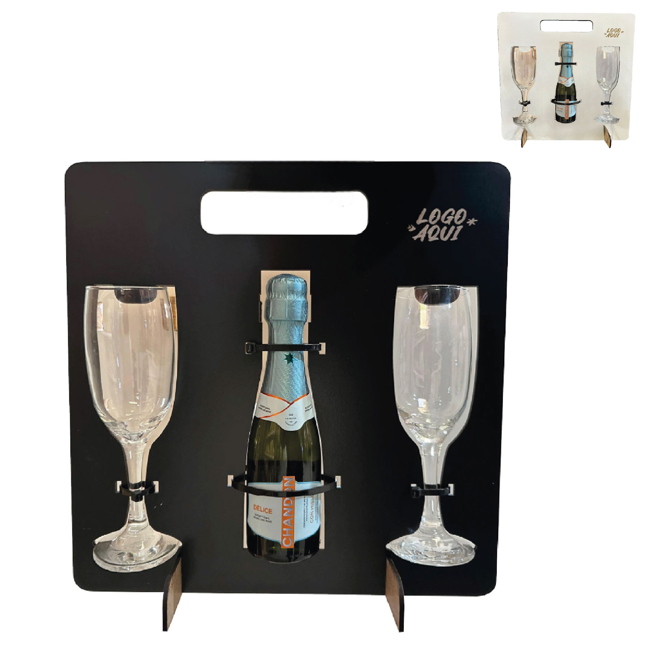 Soporte con 2 copas y espacio para botella de champagne
