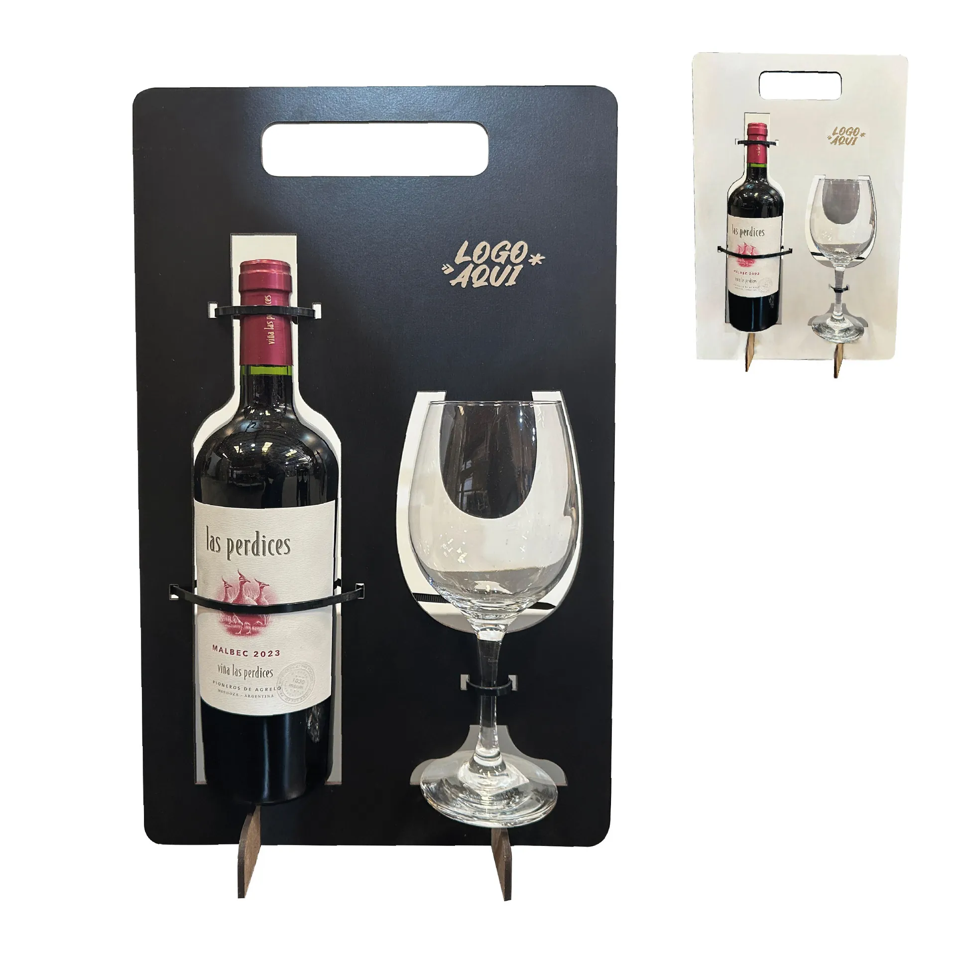 Soporte con copa y espacio para botella de vino